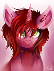 Size: 600x800 | Tagged: safe, artist:yourboicloudx, oc, oc only, oc:crimson butterfly, pony, unicorn, bust, choker, ear piercing, earring, female, horn, jewelry, piercing, solo, unicorn oc