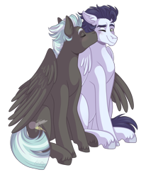 Size: 2800x3400 | Tagged: safe, artist:monnarcha, soarin', thunderlane, pegasus, pony, g4, cheek kiss, commission, duo, eyes closed, gay, high res, hug, kissing, male, one eye closed, shipping, simple background, sitting, soarilane, stallion, transparent background, winghug, wings
