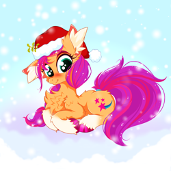 Size: 2500x2500 | Tagged: safe, artist:rurihal, sunny starscout, earth pony, pony, g5, my little pony: a new generation, blushing, chest fluff, christmas, cute, ear fluff, female, hat, high res, holiday, looking at you, lying down, mare, mistletoe, santa hat, smiling, solo, sunnybetes, unshorn fetlocks