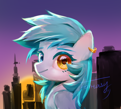 Size: 2480x2232 | Tagged: safe, artist:fantasysong, oc, oc only, oc:sik, pegasus, pony, city, ear piercing, earring, heterochromia, high res, jewelry, pegasus oc, piercing, smiling, solo, sunset