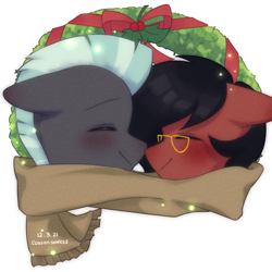 Size: 2000x2000 | Tagged: safe, artist:cottonsweets, thunderlane, oc, oc:benjamin terrance tover, g4, canon x oc, christmas, christmas wreath, clothes, cute, gay, high res, holiday, male, nuzzling, scarf, wreath