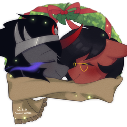 Size: 2000x2000 | Tagged: safe, artist:cottonsweets, king sombra, oc, oc:benjamin terrance tover, g4, canon x oc, christmas, christmas wreath, clothes, cute, eye glow, gay, high res, holiday, male, nuzzling, scarf, wreath