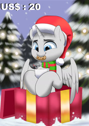 Size: 1280x1807 | Tagged: safe, artist:joaothejohn, pegasus, pony, unicorn, chocolate, christmas, clothes, commission, cookie, cute, food, forest, happy, holiday, hot chocolate, present, scarf, snow, snowfall, solo, your character here