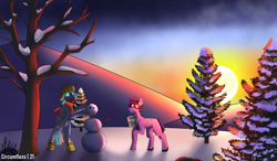 Size: 4053x2363 | Tagged: safe, artist:circumflexs, oc, earth pony, pegasus, pony, robot, robot pony, bucket, carrot, clothes, food, snow, snowman, sunset, winter, winter outfit