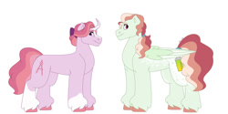 Size: 1280x640 | Tagged: safe, artist:itstechtock, oc, oc only, oc:pineapple matcha, oc:twisted spire, pegasus, pony, curved horn, female, horn, mare, offspring, parent:north point, parent:valley trend, siblings, simple background, sisters, white background