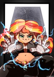 Size: 2894x4093 | Tagged: safe, artist:lummh, sunset shimmer, human, equestria girls, g4, alchemist, alchemy, belly button, breasts, busty sunset shimmer, clothes, energy, female, fullmetal alchemist, gate, hand, lightning, metal, solo, truth