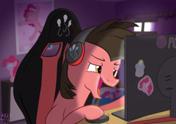 Size: 3508x2480 | Tagged: safe, alternate version, artist:ace play, pinkie pie, oc, oc only, oc:ace play, earth pony, pony, amogus, among us, computer mouse, facial hair, gaming, goatee, headphones, high res, lg, male, meme, monitor, open mouth, plushie, solo, stallion