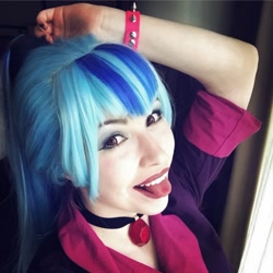 Size: 907x907 | Tagged: safe, artist:littlemissbloo, sonata dusk, human, equestria girls, g4, clothes, cosplay, costume, disguise, disguised siren, irl, irl human, photo, tongue out