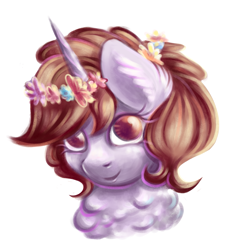 Size: 2591x2767 | Tagged: safe, artist:coco-drillo, oc, oc only, oc:dorm pony, pony, unicorn, bust, chest fluff, ear fluff, female, flower, flower in hair, high res, horn, looking at you, mare, messy mane, simple background, smiling, smiling at you, solo, unicorn oc