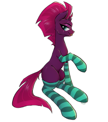 Size: 1500x1700 | Tagged: safe, artist:anondrawpone, tempest shadow, pony, unicorn, g4, :p, adult blank flank, blank flank, blank flank tempest, broken horn, clothes, cute, female, horn, mare, profile, simple background, sitting, socks, solo, stockings, striped socks, tempestbetes, thigh highs, tongue out, transparent background