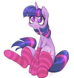 Size: 1800x1900 | Tagged: safe, artist:anondrawpone, twilight sparkle, pony, unicorn, g4, blushing, clothes, cute, female, mare, no pupils, simple background, sitting, socks, solo, stockings, striped socks, thigh highs, transparent background, twiabetes, unicorn twilight