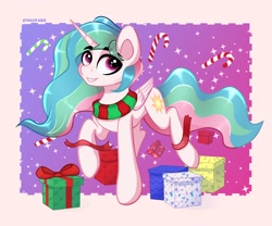 Size: 3000x2500 | Tagged: safe, artist:stravy_vox, princess celestia, alicorn, pony, g4, candy, candy cane, christmas, clothes, cute, cutelestia, female, food, high res, holiday, mare, present, scarf, smiling, solo, striped scarf, sugar cane