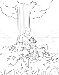 Size: 3184x4000 | Tagged: safe, artist:alcor, fluttershy, oc, oc:anon, human, pegasus, pony, g4, butt, cuddling, duo, grass, grass field, grayscale, high res, hug, human male, human on pony snuggling, lineart, looking at each other, looking at someone, lying down, male, monochrome, outdoors, plot, prone, relaxing, sitting on grass, sketch, snuggling, tree, under the tree, wholesome, winghug, wings