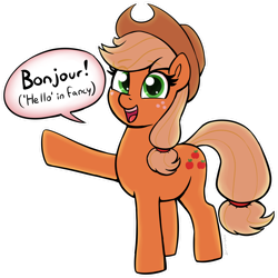 Size: 1888x1891 | Tagged: safe, artist:heretichesh, applejack, earth pony, pony, g4, applejack's hat, cowboy hat, cute, dialogue, fancy, female, freckles, french, greeting, hair tie, happy, hat, jackabetes, mare, open mouth, open smile, out of character, simple background, smiling, solo, speech bubble, transparent background