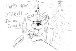 Size: 987x665 | Tagged: source needed, safe, artist:alcor, rainbow dash, pegasus, pony, g4, blushing, bottle, christmas, christmas tree, drunk, drunker dash, female, glass, go home you're drunk, happy new year, holiday, looking at you, mare, monochrome, sketch, solo, tree