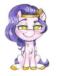Size: 3225x4192 | Tagged: safe, artist:lightisanasshole, pipp petals, pegasus, pony, g5, my little pony: a new generation, chest fluff, chibi, colored hooves, colored wings, ear fluff, female, fluffy, green eyes, hoof fluff, jewelry, looking at you, neck fluff, simple background, sitting, smug, solo, tiara, traditional art, watercolor painting, wings