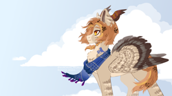 Size: 4500x2500 | Tagged: safe, artist:avroras_world, oc, oc only, pegasus, pony, clothes, cloud, commission, female, high res, looking away, mare, pegasus oc, profile, scarf, simple background, sky, smiling, solo, wind, wings