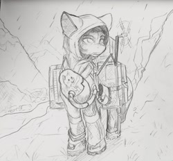 Size: 2054x1907 | Tagged: safe, artist:alcor, earth pony, pony, boots, container, death stranding, foal, hood, hooded, looking at something, monochrome, outdoors, rain, raincoat, shoes, sketch, video game crossover