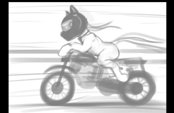 Size: 662x428 | Tagged: safe, artist:alcor, earth pony, pony, driving, grayscale, helmet, monochrome, motorcycle, motorcycle helmet, sketch, wind