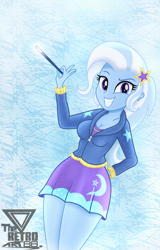 Size: 1350x2109 | Tagged: safe, artist:theretroart88, trixie, equestria girls, g4, arms, breasts, bust, busty trixie, cleavage, clothes, eyebrows, female, fingers, grin, hairpin, hand, hand on hip, holding, hoodie, legs, long hair, looking at you, magic wand, raised eyebrow, skirt, smiling, solo, stupid sexy trixie, teenager, teeth, top, zipper