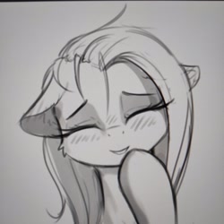 Size: 3472x3472 | Tagged: source needed, safe, artist:alcor, fluttershy, pony, g4, blushing, cute, daaaaaaaaaaaw, eyes closed, floppy ears, giggling, high res, hoof over mouth, looking at you, monochrome, shyabetes, sketch, smiling, smiling at you