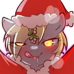Size: 1159x1159 | Tagged: safe, artist:cold-blooded-twilight, derpy hooves, pony, g4, bedroom eyes, blushing, christmas, clothes, costume, drool, female, glowing, glowing eyes, hat, holiday, licking, licking lips, lipstick, looking at you, mistletoe, panting, rapeface, santa costume, santa hat, simple background, solo, tongue out, transparent background