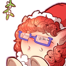 Size: 1159x1159 | Tagged: safe, artist:cold-blooded-twilight, twist, pony, g4, blushing, blushing profusely, christmas, clothes, costume, curly hair, ear blush, eyes closed, female, filly, glasses, hat, holiday, kissy face, mistletoe, raised hoof, red hair, santa costume, santa hat, simple background, solo, sweat, transparent background
