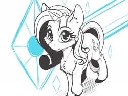 Size: 2048x1536 | Tagged: safe, artist:alcor, rarity, pony, unicorn, blushing, cheek fluff, chest fluff, cutie mark background, ear fluff, female, hoof fluff, looking at you, looking up, looking up at you, mare, monochrome, raised hoof, sketch, smiling, solo, standing, stray strand, three quarter view