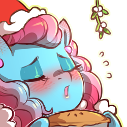 Size: 1159x1159 | Tagged: safe, artist:cold-blooded-twilight, cup cake, earth pony, pony, g4, blushing, christmas, clothes, costume, ear blush, ear piercing, earring, eyes closed, eyeshadow, female, food, hat, holiday, jewelry, kissy face, lipstick, makeup, mistletoe, pie, piercing, santa costume, santa hat, simple background, solo, sweat, transparent background