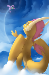 Size: 2400x3697 | Tagged: safe, artist:auroriia, smolder, spike, dragon, father knows beast, g4, cloud, cute, dragoness, duo, female, flying, high res, male, smolderbetes, spikabetes, winged spike, wings