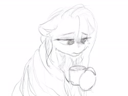 Size: 3264x2448 | Tagged: source needed, safe, artist:alcor, fluttershy, pony, g4, blanket, cheek fluff, cup, drinking, floppy ears, high res, monochrome, sad, sad eyes, sick, sketch
