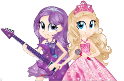 Size: 2160x1408 | Tagged: safe, artist:gihhbloonde, equestria girls, g4, ashleigh ball, barbie, barbie princess and the popstar, base used, blonde, clothes, crossover, dress, duo, duo female, electric guitar, equestria girls-ified, eyelashes, female, grin, guitar, jewelry, kelly sheridan, kiera, look-alike, microphone, musical instrument, musician, princess, princess tori, purple hair, simple background, singer, smiling, tiara, tori, transparent background, voice actor joke