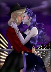 Size: 5000x6997 | Tagged: safe, artist:bidzinha, applejack, rarity, equestria girls, g4, absurd resolution, blushing, clothes, cowboy hat, dress, ear piercing, earring, eyes closed, eyeshadow, female, freckles, hat, jewelry, kissing, lesbian, makeup, nail polish, necklace, night, piercing, ring, ship:rarijack, shipping, skirt, skyline, stetson