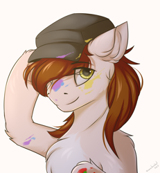 Size: 2500x2700 | Tagged: safe, artist:snowstormbat, oc, oc only, earth pony, pony, artist, bust, chest fluff, eye clipping through hair, hat, high res, looking at you, male, portrait, simple background, smiling, solo, stallion, white background