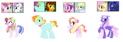 Size: 2266x774 | Tagged: safe, artist:selenaede, artist:tragedy-kaz, coconut cream, derpy hooves, fluttershy, princess cadance, princess luna, toola roola, oc, alicorn, earth pony, pegasus, pony, g4, base used, caderpy, concave belly, crack ship offspring, crack shipping, female, lesbian, magical lesbian spawn, male, mare, offspring, parent:cheese sandwich, parent:coconut cream, parent:derpy hooves, parent:fluttershy, parent:princess cadance, parent:princess luna, parent:toola roola, parent:whoa nelly, parents:caderpy, parents:lunashy, parents:toolanut, screencap reference, ship:lunashy, ship:toolanut, shipping, simple background, slender, stallion, thin, transparent background
