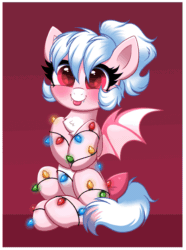 Size: 895x1200 | Tagged: safe, artist:confetticakez, oc, oc only, oc:cream puff, bat pony, pony, animated, bow, chest fluff, christmas, christmas lights, coat markings, cute, facial markings, fangs, gif, heart eyes, holiday, looking at you, ocbetes, pale belly, red background, simple background, sitting, smiling, snip (coat marking), solo, spread wings, tail, tail bow, tongue out, white belly, wingding eyes, wings