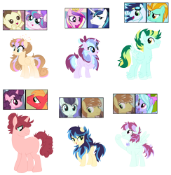 Size: 1566x1606 | Tagged: safe, artist:tragedy-kaz, big macintosh, coloratura, feather bangs, flitter, lightning dust, pound cake, princess cadance, princess flurry heart, shining armor, soarin', sugar belle, oc, earth pony, pegasus, pony, unicorn, g4, base used, bow, bust, colorabangs, crack ship offspring, crack shipping, female, hair bow, horn, male, mare, offspring, parent:big macintosh, parent:coloratura, parent:feather bangs, parent:flitter, parent:lightning dust, parent:pound cake, parent:princess cadance, parent:princess flurry heart, parent:shining armor, parent:soarin', parent:sugar belle, parents:colorabangs, parents:poundflurry, parents:shiningcadance, parents:soarindust, parents:sugarmac, screencap reference, ship:poundflurry, ship:shiningcadance, ship:sugarmac, shipping, simple background, soarindust, stallion, straight, transparent background, wings