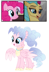 Size: 439x647 | Tagged: safe, artist:tragedy-kaz, pinkie pie, princess skystar, oc, classical hippogriff, earth pony, hippogriff, hybrid, pony, g4, my little pony: the movie, base used, bust, eyelashes, female, hippogriff oc, interspecies offspring, lesbian, magical lesbian spawn, mare, offspring, parent:pinkie pie, parent:princess skystar, parents:skypie, screencap reference, ship:skypie, shipping, simple background, transparent background