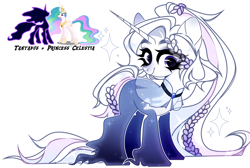 Size: 1896x1272 | Tagged: safe, artist:moonbatz, princess celestia, tantabus, oc, hybrid, pony, unicorn, g4, female, magical lesbian spawn, mare, offspring, parent:princess celestia, parent:tantabus, simple background, white background