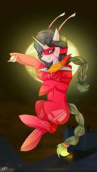 Size: 1500x2666 | Tagged: safe, artist:mirtalimeburst, oc, oc only, pony, unicorn, braided tail, clothes, costume, female, full moon, horn, mare, mask, moon, signature, smiling, solo, tail, unicorn oc