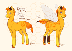 Size: 1879x1348 | Tagged: safe, artist:royvdhel-art, oc, oc only, oc:bombini, bee pony, original species, pony, duo, female, mare, reference sheet, signature, simple background, wings