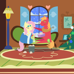 Size: 2160x2160 | Tagged: safe, anonymous artist, big macintosh, fluttershy, oc, oc:late riser, earth pony, pegasus, pony, series:fm holidays, series:hearth's warming advent calendar 2021, g4, advent calendar, baby, baby pony, backwards thermometer, blanket, christmas, christmas tree, colt, eyes closed, family, female, fluttershy's cottage, high res, holiday, hug, lineless, looking at each other, male, mare, offspring, parent:big macintosh, parent:fluttershy, parents:fluttermac, pointy ponies, red nosed, ship:fluttermac, shipping, sick, smiling, smiling at each other, snow, snowfall, stallion, straight, thermometer, tissue, tissue box, tree