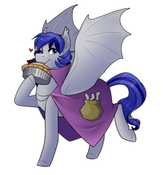 Size: 1111x1190 | Tagged: safe, artist:royvdhel-art, oc, oc only, bat pony, pony, bat pony oc, bat wings, cape, clothes, female, food, hoof hold, mare, one eye closed, pie, simple background, smiling, solo, transparent background, wings, wink