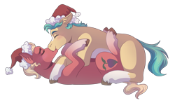 Size: 3400x2000 | Tagged: safe, artist:kikirdcz, hitch trailblazer, sprout cloverleaf, earth pony, pony, g5, my little pony: a new generation, blushing, christmas, coat markings, commission, duo, duo male, ear fluff, eyebrows, eyes closed, floppy ears, gay, hat, high res, hitchsprout, holiday, kissing, lying down, male, on back, santa hat, shipping, simple background, smiling, socks (coat markings), stallion, transparent background, unshorn fetlocks