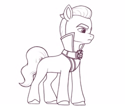 Size: 2411x2048 | Tagged: safe, artist:dancingkinfiend, edit, sprout cloverleaf, earth pony, pony, g5, my little pony: a new generation, angry, belt, black and white, clothes, doodle, emperor sprout, eyebrows down, grayscale, high res, lineart, male, manipulation, monochrome, serious, serious face, sheriff, sheriff's badge, sketch, solo, stallion, tail, uniform, wavy hair, wavy mane, wavy tail