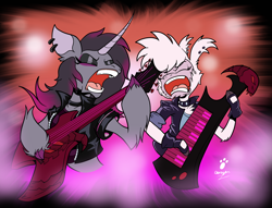 Size: 2436x1862 | Tagged: safe, artist:duragan, oleander (tfh), pom (tfh), lamb, pony, sheep, unicorn, them's fightin' herds, clothes, collar, community related, concert, duo, electric guitar, guitar, jacket, keyboard, keytar, leather jacket, makeup, metal as fuck, musical instrument, punk, punk rock, rock (music), rock n' roll, singing
