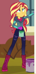 Size: 247x507 | Tagged: safe, screencap, sunset shimmer, blizzard or bust, equestria girls, equestria girls specials, g4, my little pony equestria girls: better together, my little pony equestria girls: holidays unwrapped, cropped, female, frown, paint, paint can, solo