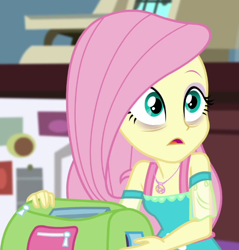 Size: 602x630 | Tagged: safe, screencap, fluttershy, blizzard or bust, equestria girls, equestria girls specials, g4, my little pony equestria girls: better together, my little pony equestria girls: holidays unwrapped, bags under eyes, cropped, exhausted, female, geode of fauna, magical geodes, solo