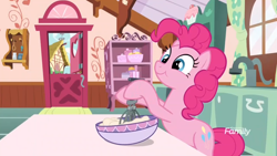 Size: 1920x1080 | Tagged: safe, screencap, pinkie pie, earth pony, pony, between dark and dawn, g4, baking, batter, bipedal, bowl, cute, diapinkes, egg beater, female, food, mare, ponyville, sink, solo, sugarcube corner, table, window