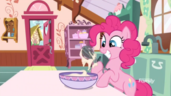 Size: 1920x1080 | Tagged: safe, screencap, pinkie pie, earth pony, pony, between dark and dawn, g4, baking, batter, bipedal, bowl, cute, diapinkes, egg beater, food, happy, ponyville, sink, smiling, solo, sugarcube corner, table, window